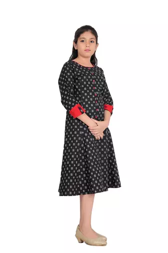  kids cotton geomatrical printed anarkali kurta (black)