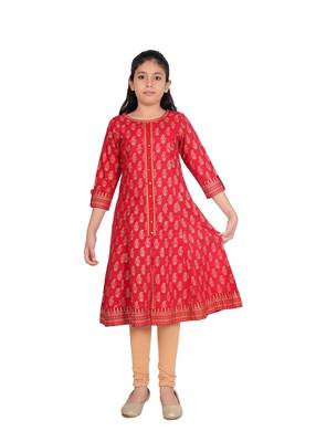  kids cotton gold print anarkali kurta (red) 1