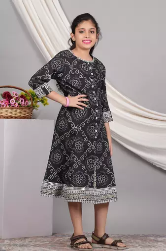  kids cotton bandhej print anarkali dress (black)