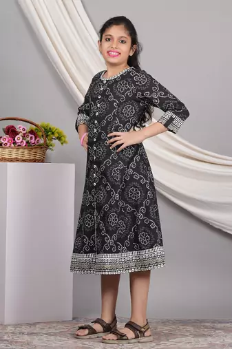  kids cotton bandhej print anarkali dress (black)