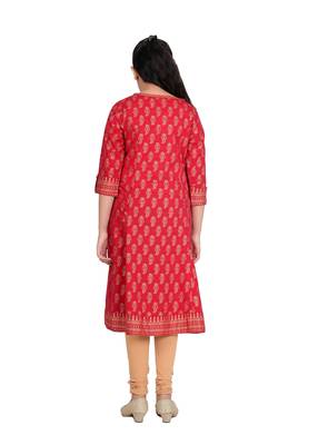  kids cotton gold print anarkali kurta (red) 2