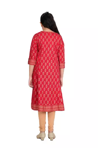  kids cotton gold print anarkali kurta (red)
