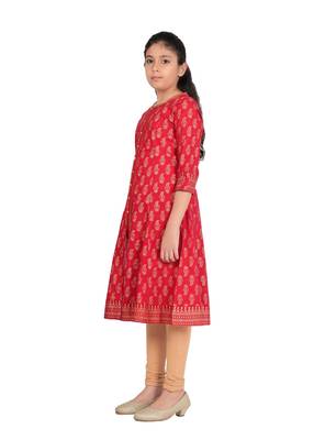  kids cotton gold print anarkali kurta (red) 3