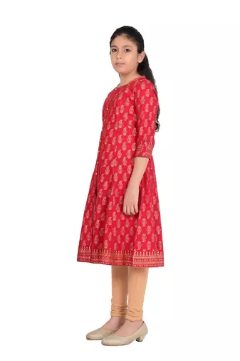  kids cotton gold print anarkali kurta (red)