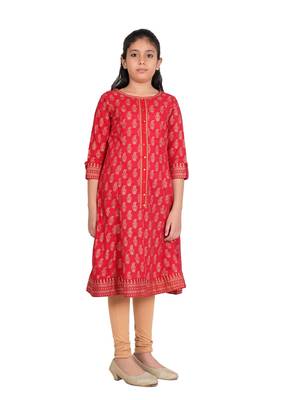  kids cotton gold print anarkali kurta (red) 4