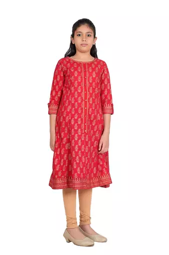  kids cotton gold print anarkali kurta (red)