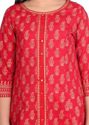  kids cotton gold print anarkali kurta (red) 5