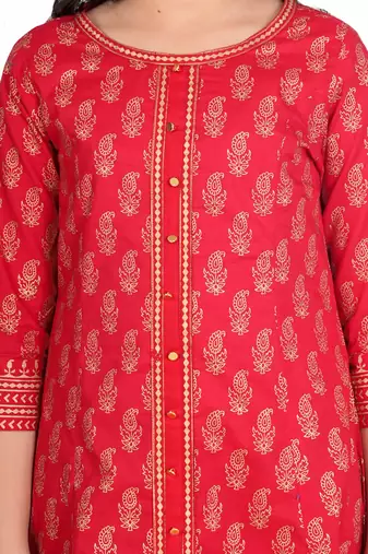  kids cotton gold print anarkali kurta (red)