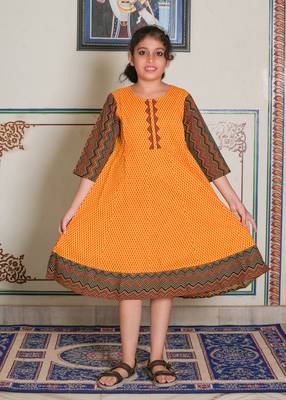  kids cotton geometric print anarkali dress (mustard) 1