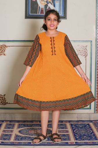 Yash gallery kids cotton geometric print anarkali dress (mustard)