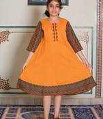 Yash gallery kids cotton geometric print anarkali dress (mustard)