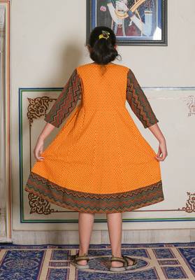  kids cotton geometric print anarkali dress (mustard) 2
