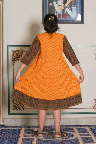  kids cotton geometric print anarkali dress (mustard)