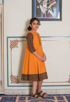  kids cotton geometric print anarkali dress (mustard) 3