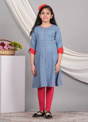  kids rayon geometric print a-line kurta (blue) 1