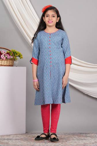 Yash gallery kids rayon geometric print a-line kurta (blue)