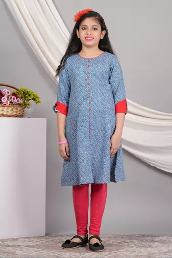 Yash gallery kids rayon geometric print a-line kurta (blue)