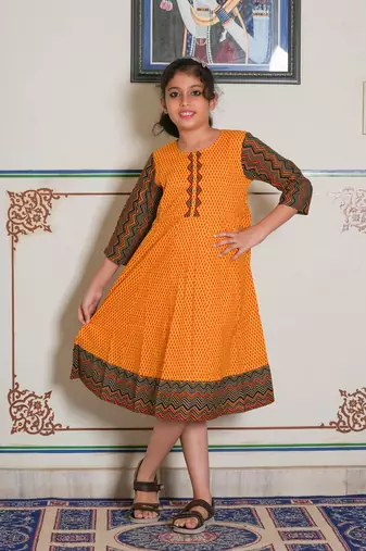  kids cotton geometric print anarkali dress (mustard)