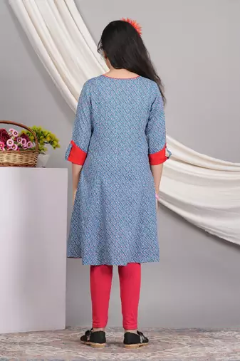  kids rayon geometric print a-line kurta (blue)