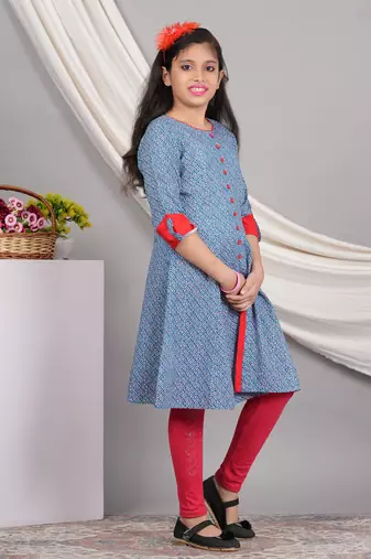  kids rayon geometric print a-line kurta (blue)