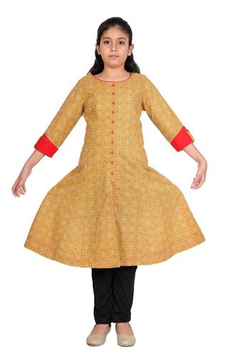 Yash gallery kids cotton floral printed anarkali kurta (yellow)