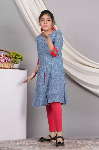  kids rayon geometric print a-line kurta (blue)