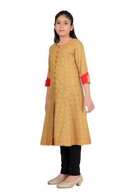 kids cotton floral printed anarkali kurta (yellow) 2