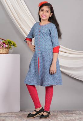  kids rayon geometric print a-line kurta (blue) 5