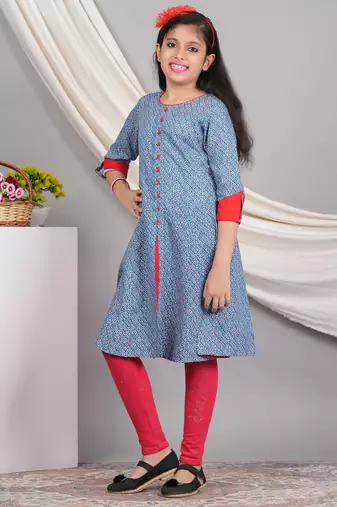  kids rayon geometric print a-line kurta (blue)