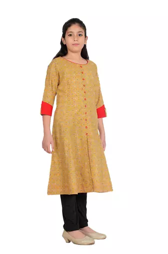  kids cotton floral printed anarkali kurta (yellow)