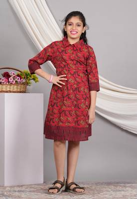  kids cotton floral printed anarkali dress (maroon) 1
