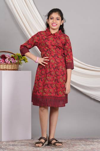 Yash gallery kids cotton floral printed anarkali dress (maroon)