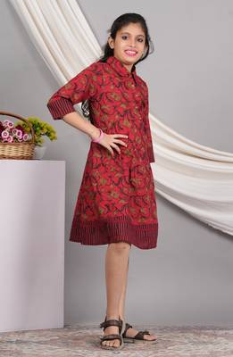  kids cotton floral printed anarkali dress (maroon) 4