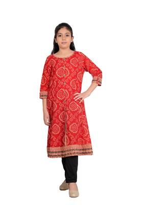  kids cotton bandhej print anarkali kurta (red) 1