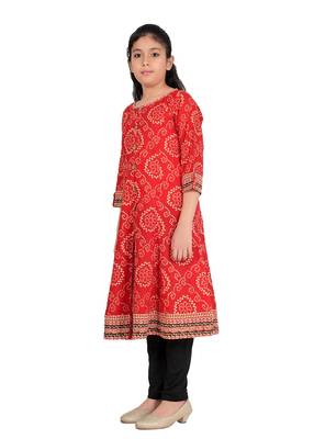  kids cotton bandhej print anarkali kurta (red) 3
