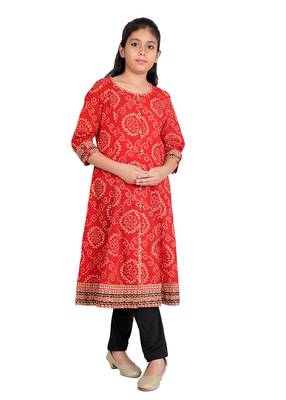  kids cotton bandhej print anarkali kurta (red) 4