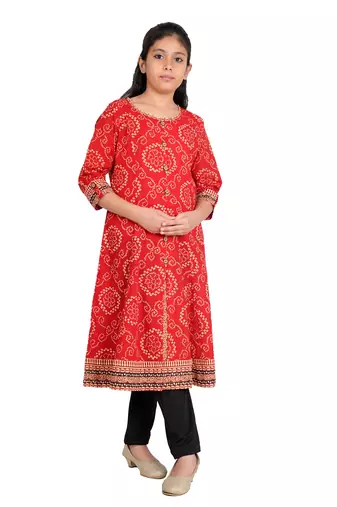  kids cotton bandhej print anarkali kurta (red)