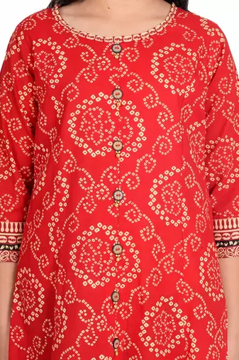  kids cotton bandhej print anarkali kurta (red)
