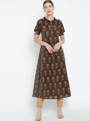  women's cotton floral printed a-line kurti (brown) 1