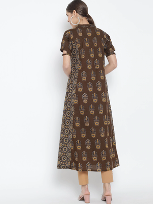  women's cotton floral printed a-line kurti (brown) 2