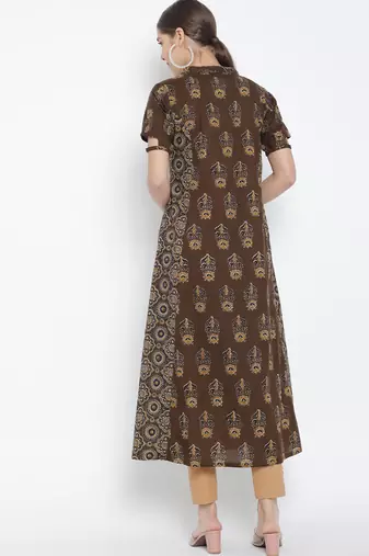  women's cotton floral printed a-line kurti (brown)