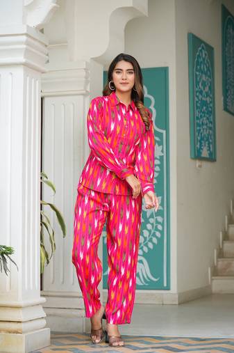 Yash gallery women's ikat printed co-ord set (pink)