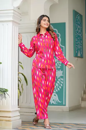  women's ikat printed co-ord set (pink)