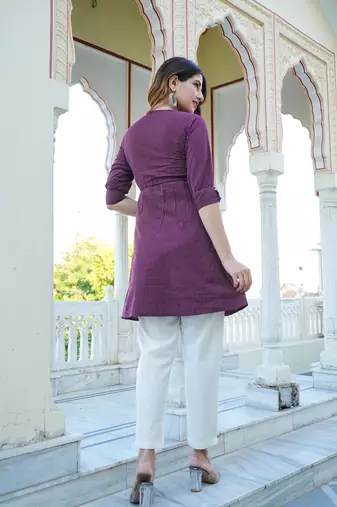  women's kantha cotton stripes printed regular tunic (wine)