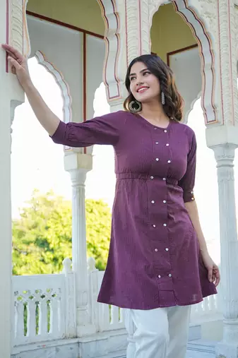  women's kantha cotton stripes printed regular tunic (wine)