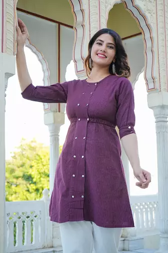  women's kantha cotton stripes printed regular tunic (wine)