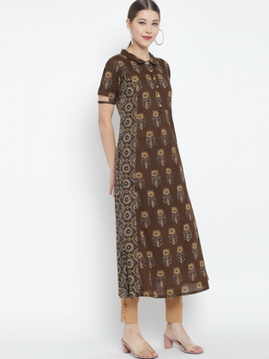  women's cotton floral printed a-line kurti (brown) 3