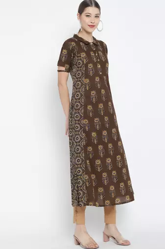  women's cotton floral printed a-line kurti (brown)