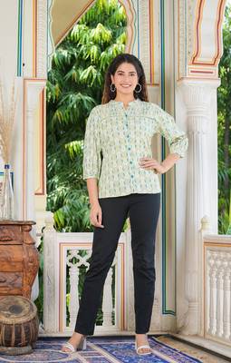  women's floral printed regular pintucks shirt (green) 1
