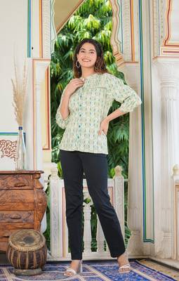  women's floral printed regular pintucks shirt (green) 3
